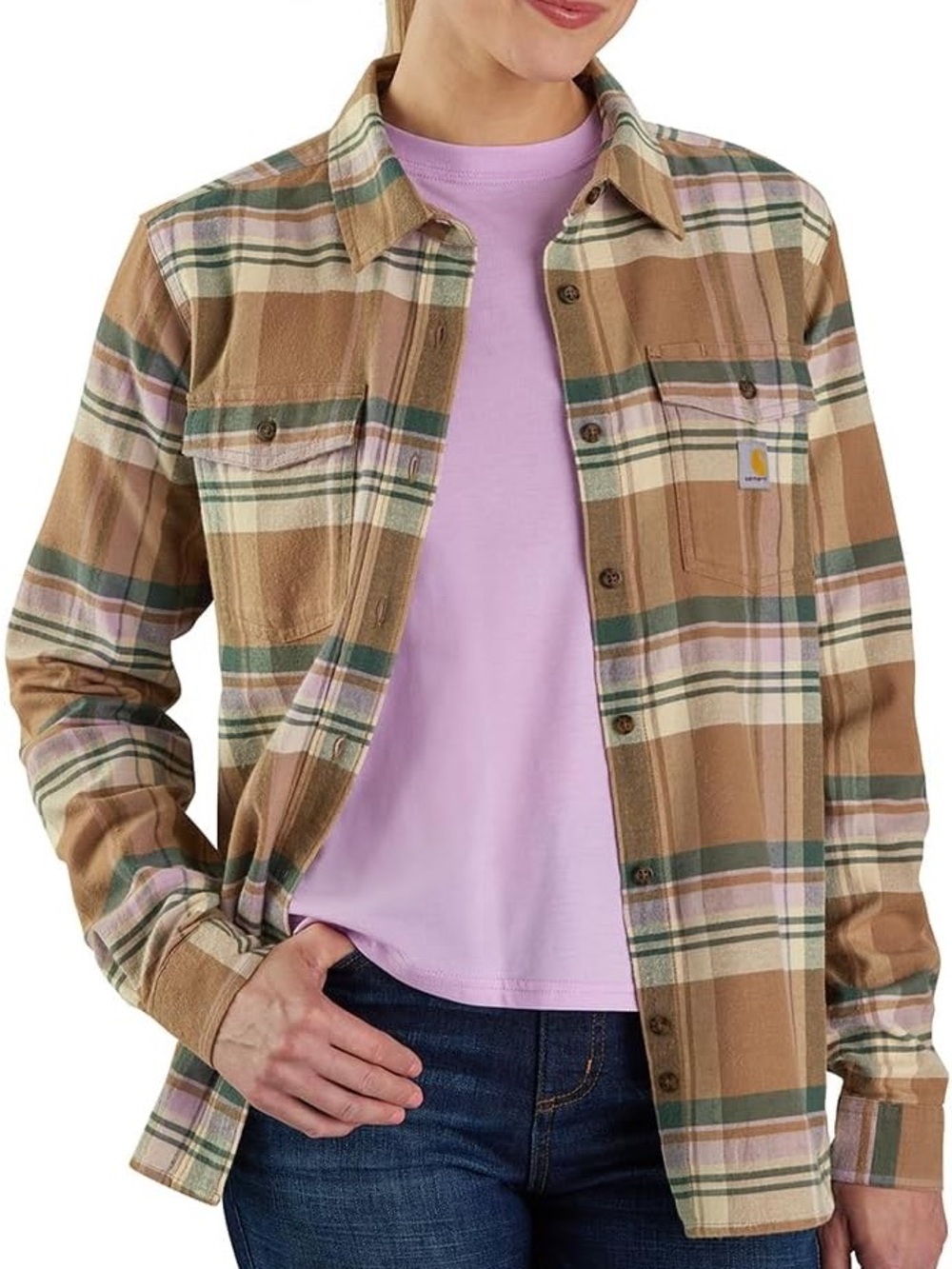 Carhartt Plaid Flannel Shirt | Brown Green Button Down Workwear Top